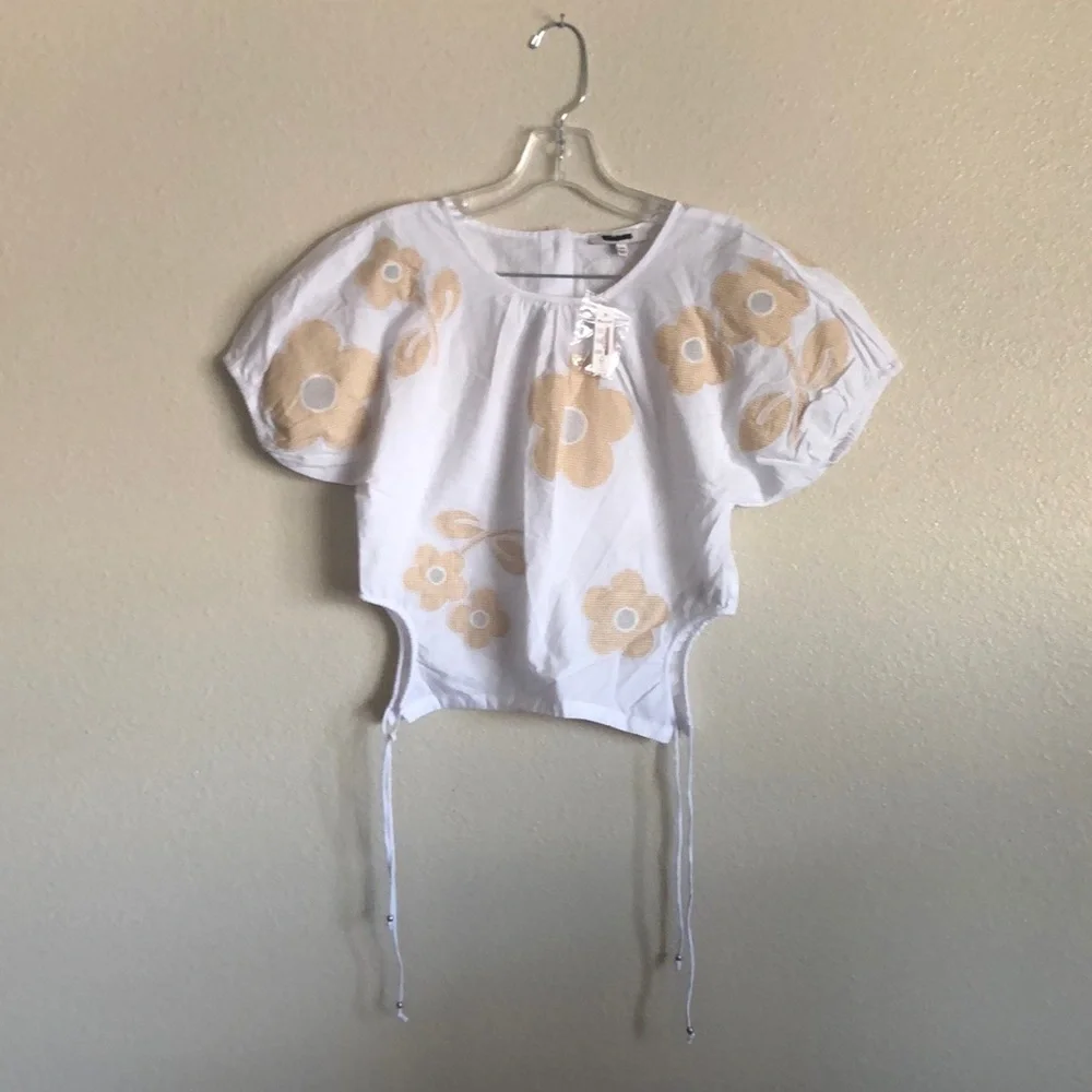 Madewell Embroidered Poplin Puff-Sleeve Cutout Crop Top (Size XXS)